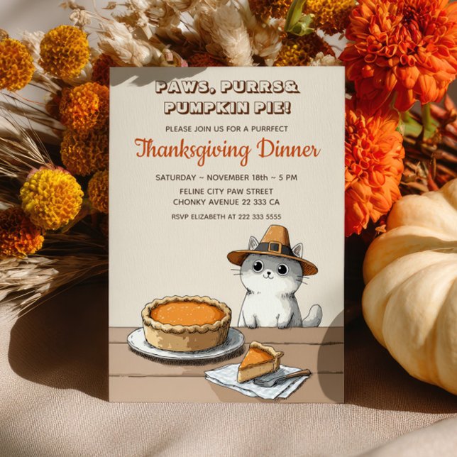 Invitation Joli Chat Pèlerin Dîner de Thanksgiving Parfait (Créateur téléchargé)