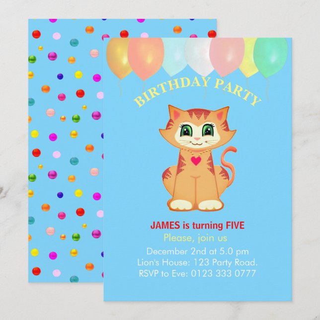 Invitation Joli chat tabby, ballons et confettis d'anniversai (Devant / Derrière)