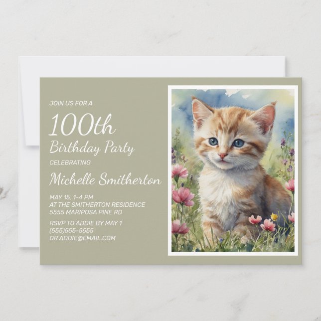 Invitation Joli Chaton Jaune Aquarelle 100e Anniversaire (Devant)