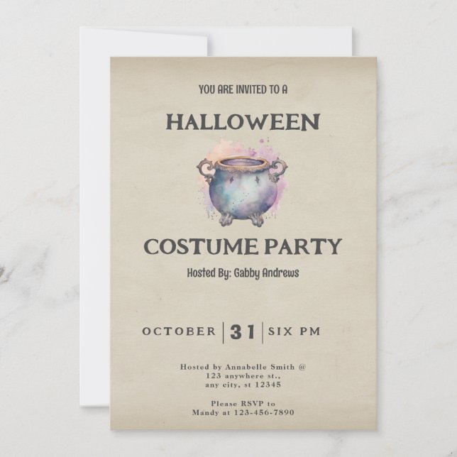 Invitation Joli Chaudron Rose et Gris Halloween Vintage (Devant)