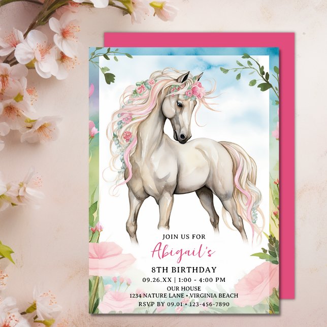 Invitation Joli Cheval blanc et Fleurs roses Anniversaire (Pretty White Horse and Pink Flowers Birthday Invitation)
