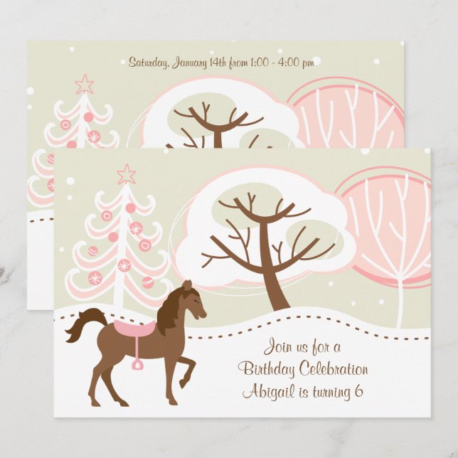 Invitation Joli Cheval Brown Neige hiver fête d'anniversaire (Devant / Derrière)