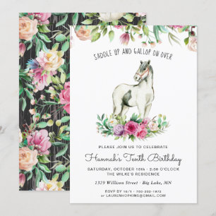 Invitation Joli cheval et fleurs   Anniversaire du bois rusti