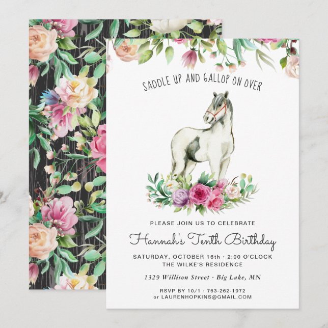 Invitation Joli Cheval et Fleurs | Anniversaire en Bois Rusti (Devant / Derrière)