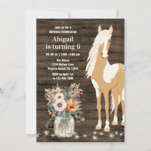Invitation Joli cheval et fleurs Bois rustique Anniversaire