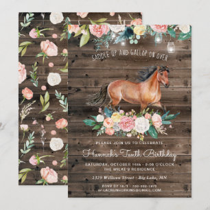 Invitation Joli Cheval et Fleurs sur Bois Rustique Anniversai