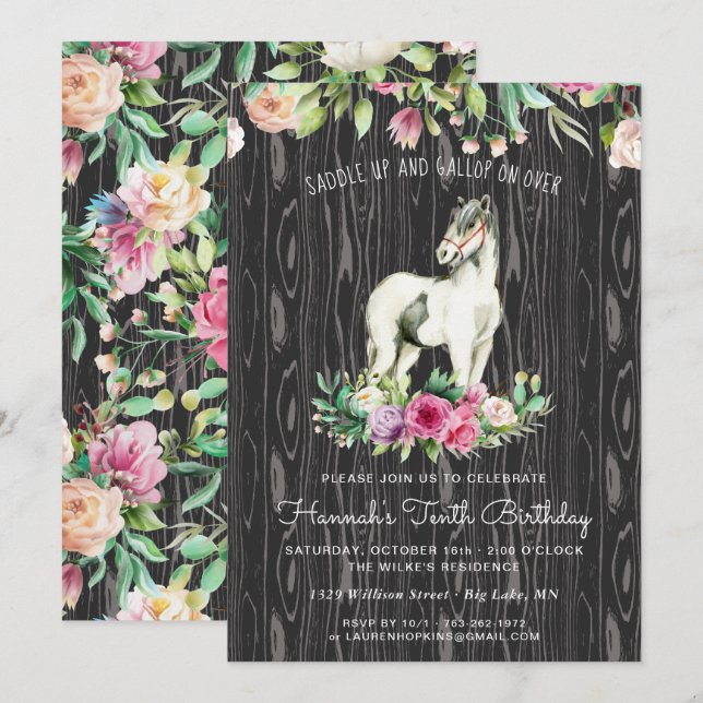 Invitation Joli Cheval et Fleurs sur Bois Rustique Anniversai (Devant / Derrière)