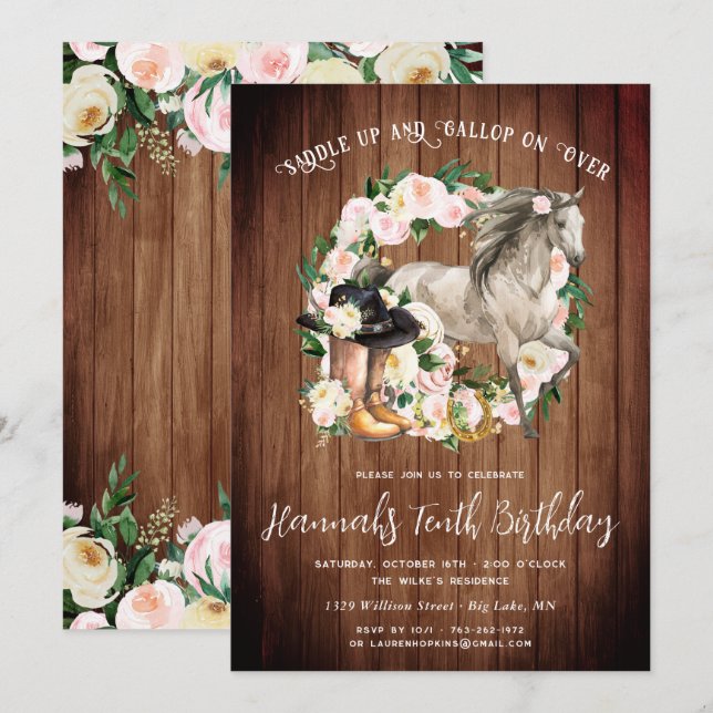 Invitation Joli cheval et fleurs sur bois rustique pour un an (Devant / Derrière)