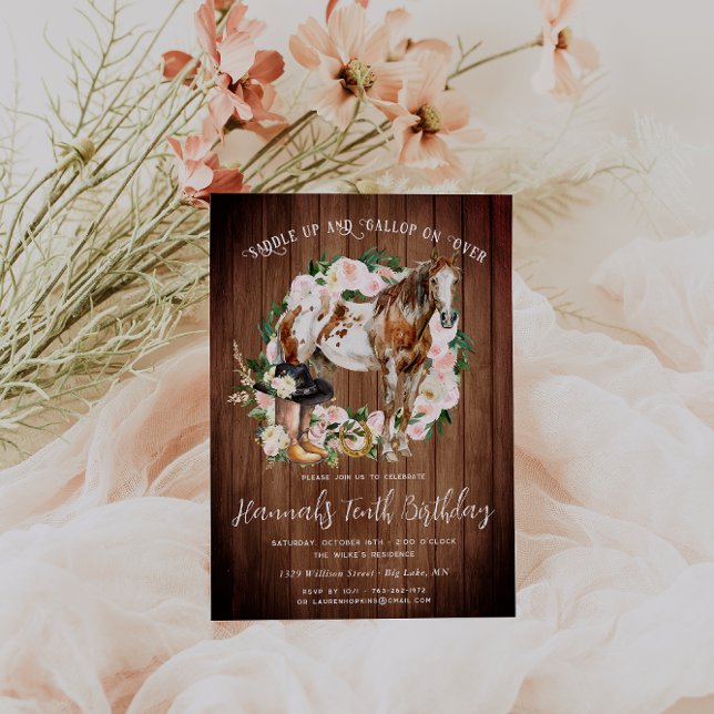 Invitation Joli cheval et fleurs sur bois rustique pour un an (Créateur téléchargé)