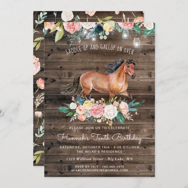 Invitation Joli cheval et fleurs sur le bois rustique Anniver (Devant / Derrière)