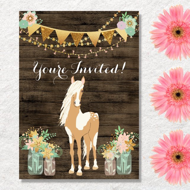 Invitation Joli cheval et fleurs sur le bois rustique Anniver (Créateur téléchargé)