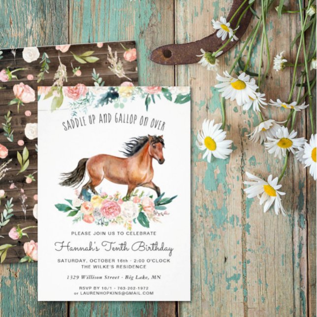 Invitation Joli cheval et fleurs sur le bois rustique Anniver (Créateur téléchargé)