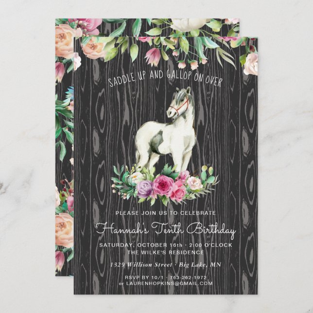 Invitation Joli cheval et fleurs sur le bois rustique Anniver (Devant / Derrière)