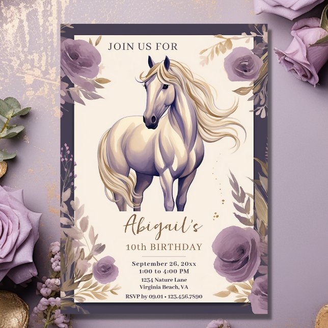 Invitation Joli Cheval et Fleurs Violet et Or Anniversaire (Front - Pretty Horse and Flowers Purple and Gold Birthday Invitation)