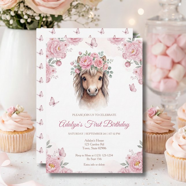 Invitation Joli Cheval Fleur Rose Anniversaire (Créateur téléchargé)