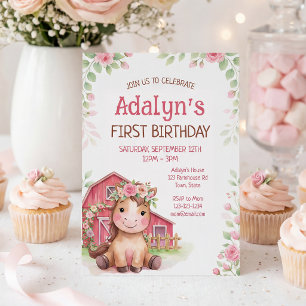 Invitation Joli Cheval Fleur Rose Anniversaire