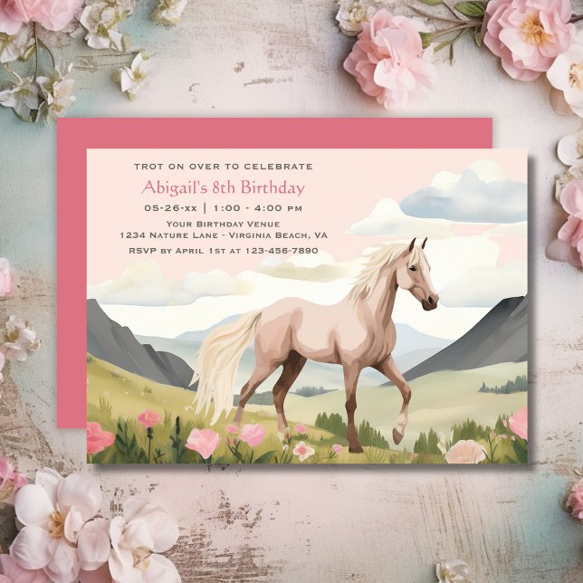 Invitation Joli Cheval, Fleurs et Montagnes Anniversaire (Pretty Horse, Flowers and Mountains Birthday Invitation)