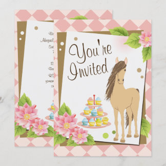 Invitation Joli cheval, Fleurs roses et Cupcakes Anniversaire