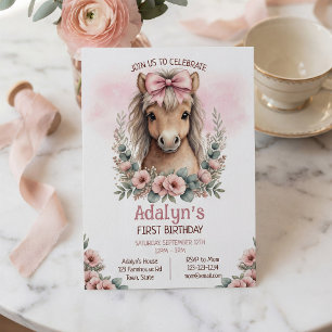 Invitation Joli Cheval Floral Rose 1er Anniversaire