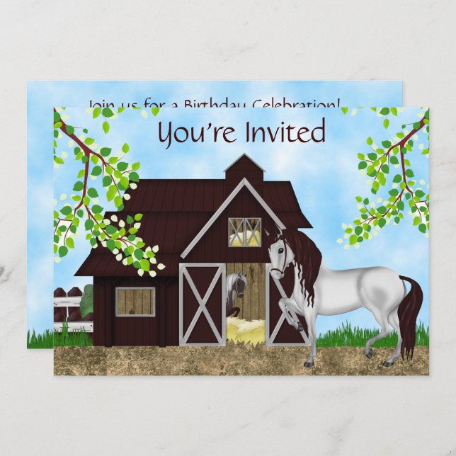 Invitation Joli cheval, grange et arbres fête d'anniversaire (Devant / Derrière)