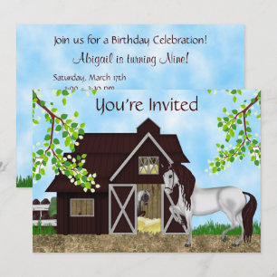 Invitation Joli cheval, grange et arbres fête d'anniversaire