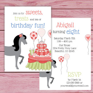 Invitation Joli Cheval gris rose, Vert, Bleu fête d'anniversa