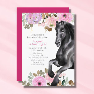 Invitation Joli Cheval Noir avec Fleurs Roses Anniversaire