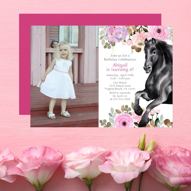 Invitation Joli Cheval noir et Fleurs roses Photo Anniversair (Créateur téléchargé)