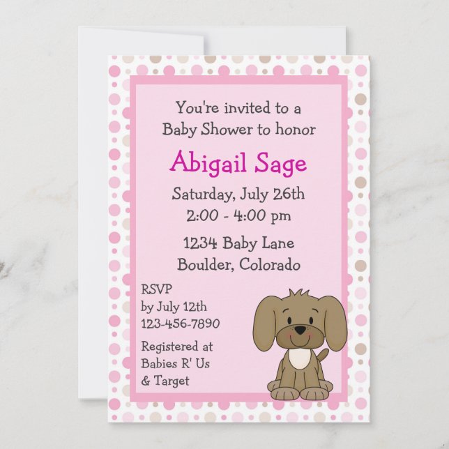 Invitation Joli Chien Brown Chien Rose Girls Baby shower (Devant)