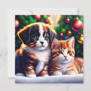 Invitation Joli chiot et chat sous l'arbre de Noël