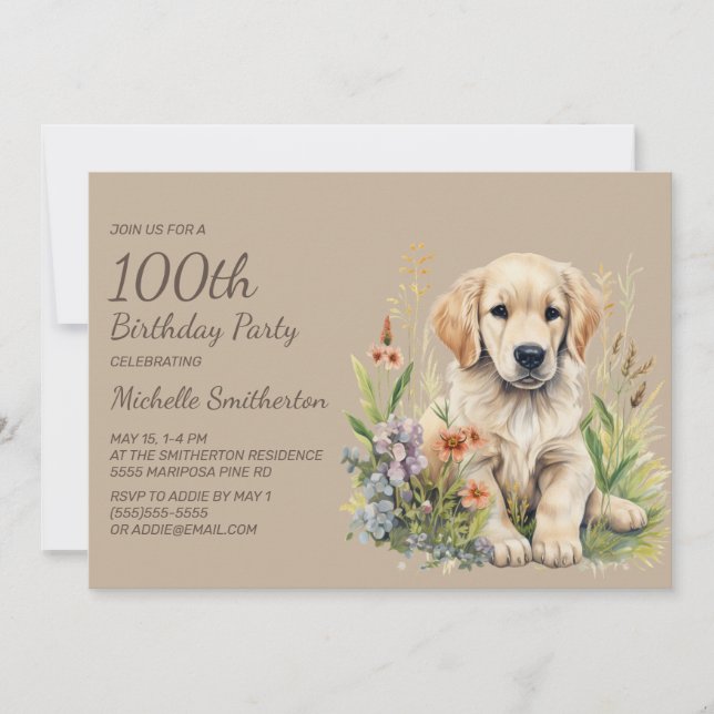 Invitation Joli chiot Golden Retriever 100e anniversaire (Devant)