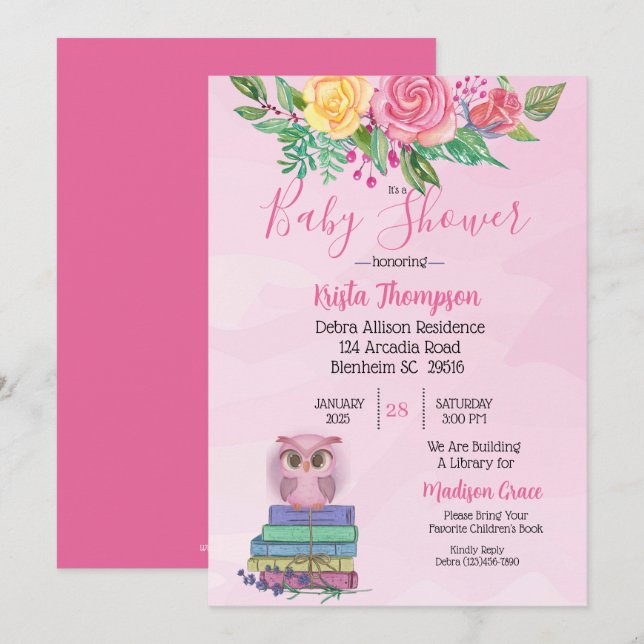 Invitation Joli Chouette Rose Apporte Un Baby shower De Livre (Devant / Derrière)