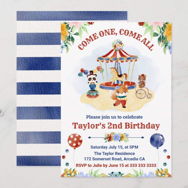Invitation Joli cirque de carnaval à l'aquarelle pour l'anniv (Devant / Derrière)