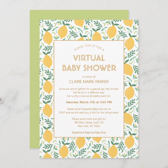 Invitation Joli Citron Citrus Foliage Baby shower virtuel (Devant / Derrière)