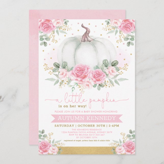 Invitation Joli Citrouille Aquarelle rose Baby shower Floral (Devant / Derrière)