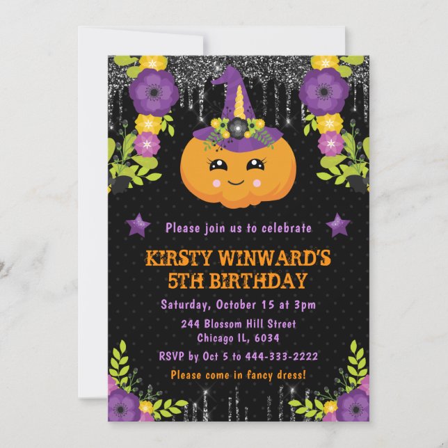 Invitation Joli Citrouille Floral Anniversaire Halloween (Devant)