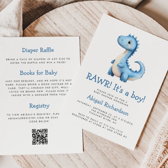 Invitation Joli code QR de dinosaure bleu pour une baby showe (Créateur téléchargé)