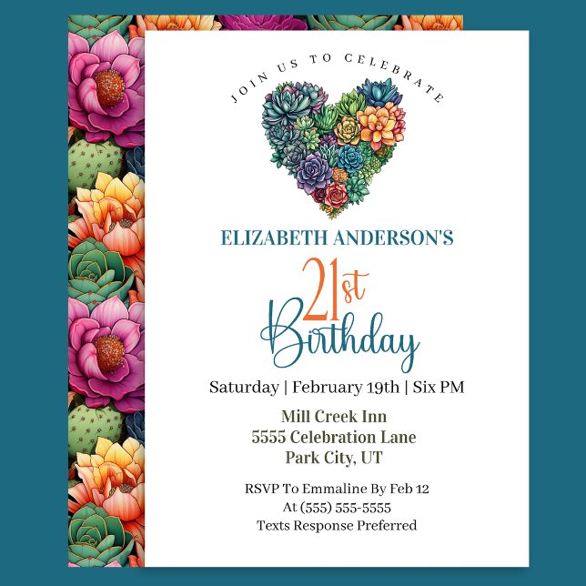 Invitation Joli Cœur de Cactus 21e Anniversaire (Créateur téléchargé)