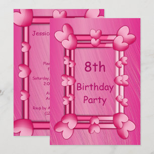 Invitation Joli Coeur rose Fille encadré 8e anniversaire