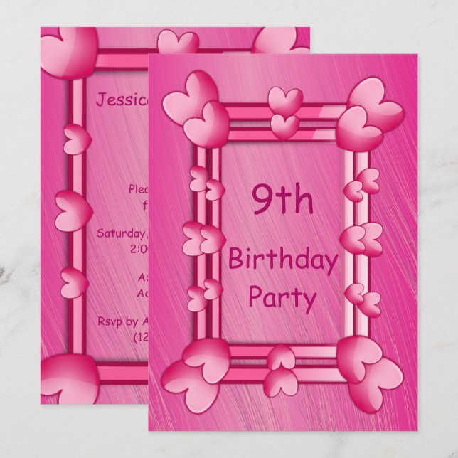 Invitation Joli Coeur rose Fille encadré 9e anniversaire (Devant / Derrière)