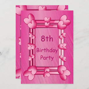 Invitation Joli Coeur rose Girly encadré 8e anniversaire