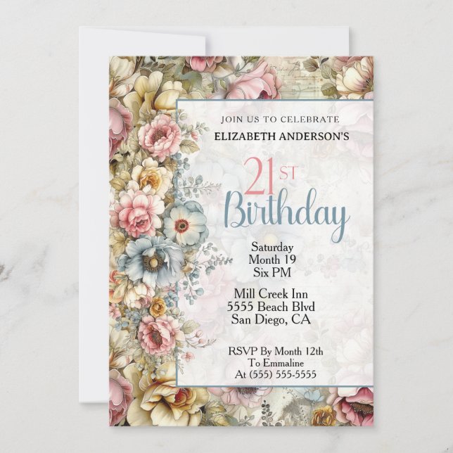 Invitation Joli Collage Floral 21e Anniversaire (Devant)