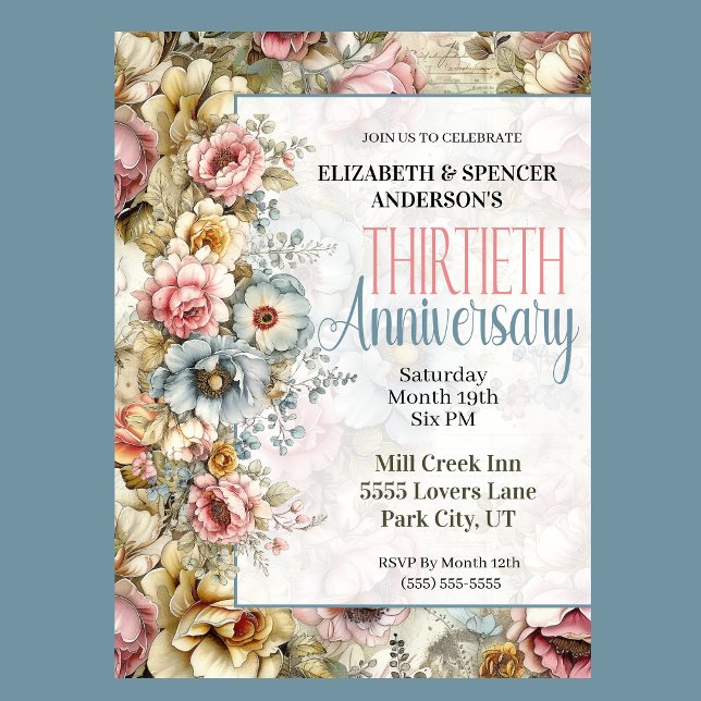 Invitation Joli Collage Floral pour le 30e Anniversaire de Ma (Vintage floral 30th anniversary invitation with watercolor flowers and romantic botanical design
)