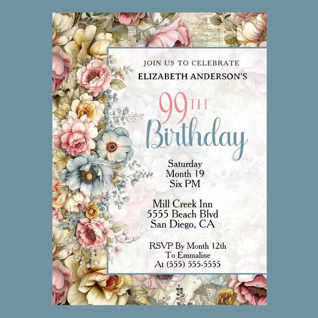 Invitation Joli Collage Floral pour les 99 ans (Elegant pastel floral 99th birthday invitation with vintage flowers and soft blue accents
)