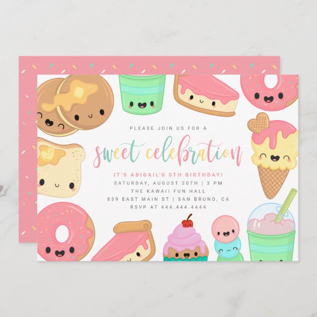 Invitation Joli coloré Kawaii Sweet Elements Enfants Annivers (Devant / Derrière)