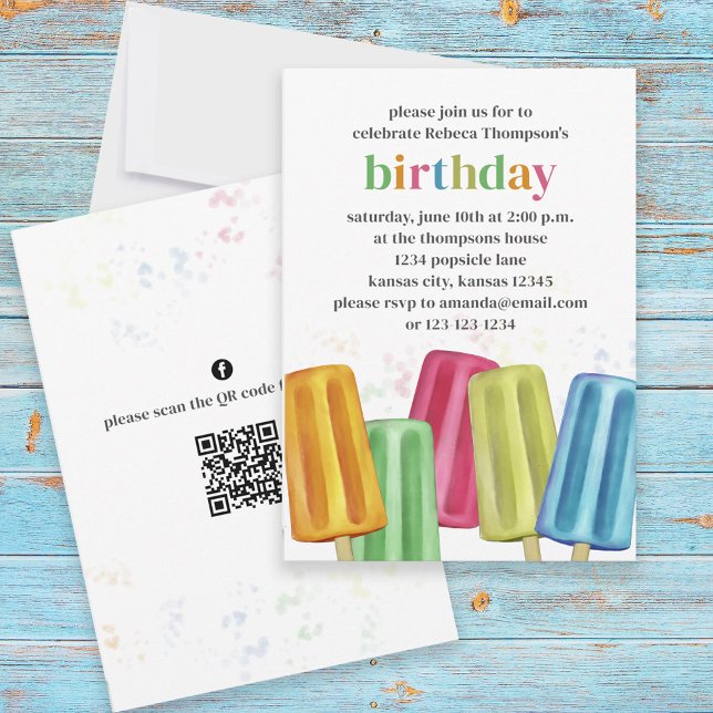 Invitation Joli coloré moderne Popsicles d'anniversaire QR Co (Créateur téléchargé)