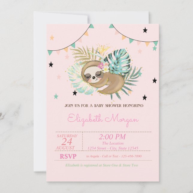 Invitation Joli couchage paresseux Baby shower Feuille Tropic (Devant)