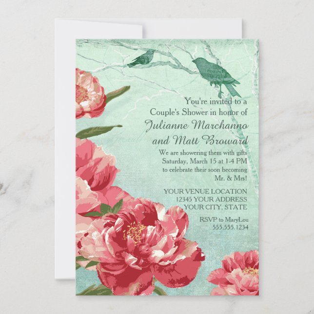 Invitation Joli Couples Fleurs Rétro Douche Chintz Peonies (Devant)