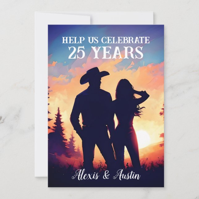 Invitation Joli Cowboy et Cowgirl 25e anniversaire (Devant)