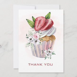Invitation Joli cupcake à l'aquarelle, fraise, merci floral